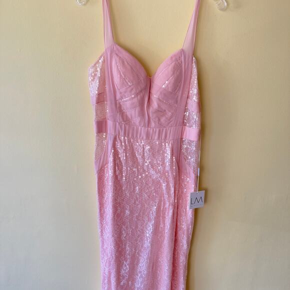 LM by Mignon Blush Pink Sequin Gown with Sheer Straps Fitted Silhouette Size 10 - Picture 2 of 8